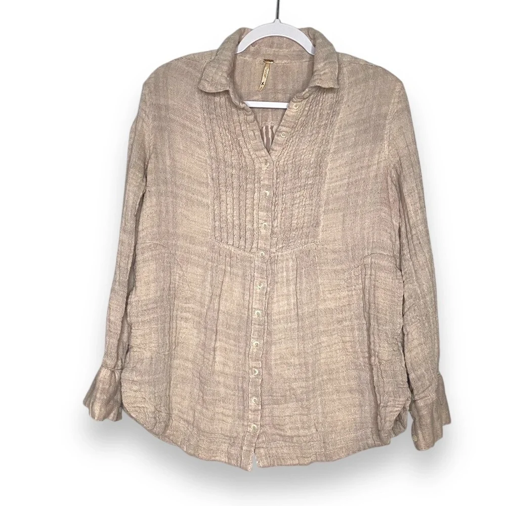 Free People Beige Tan Button Up Collared Pleated Flannel Shirt Size S Neutral